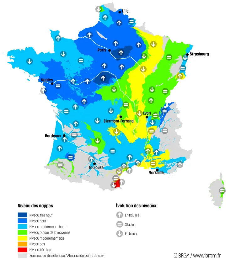 Carte de France montrant la situation des nappes phréatiques en mars 2025